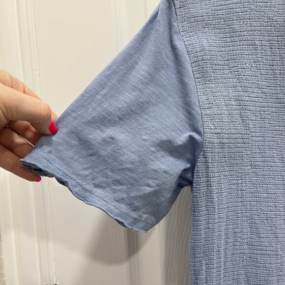 Made in Italy Linen Cotton Knit T Shirt Blue Medium Mixed Media Raw Edge V Neck - Picture 3 of 11